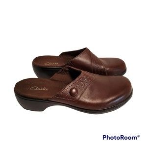 Clark's Sz 7W Brown Leather Slip-On Slide Comfort Clog